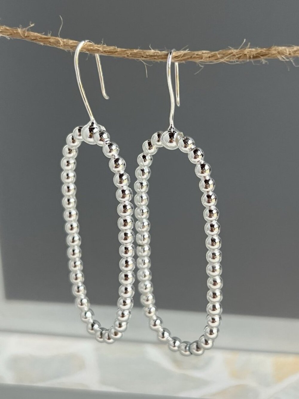 Handcrafted 925 Sterling Silver Beaded Oval Dangle Earrings